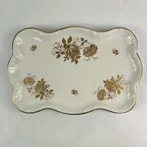 Old Foley James Kent Staffordshire England Gold Floral Scalloped Tray 11.5" Vtg